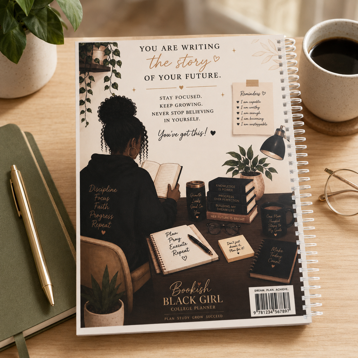 Back cover of the Bookish Black Girl College Planner on a warm study desk