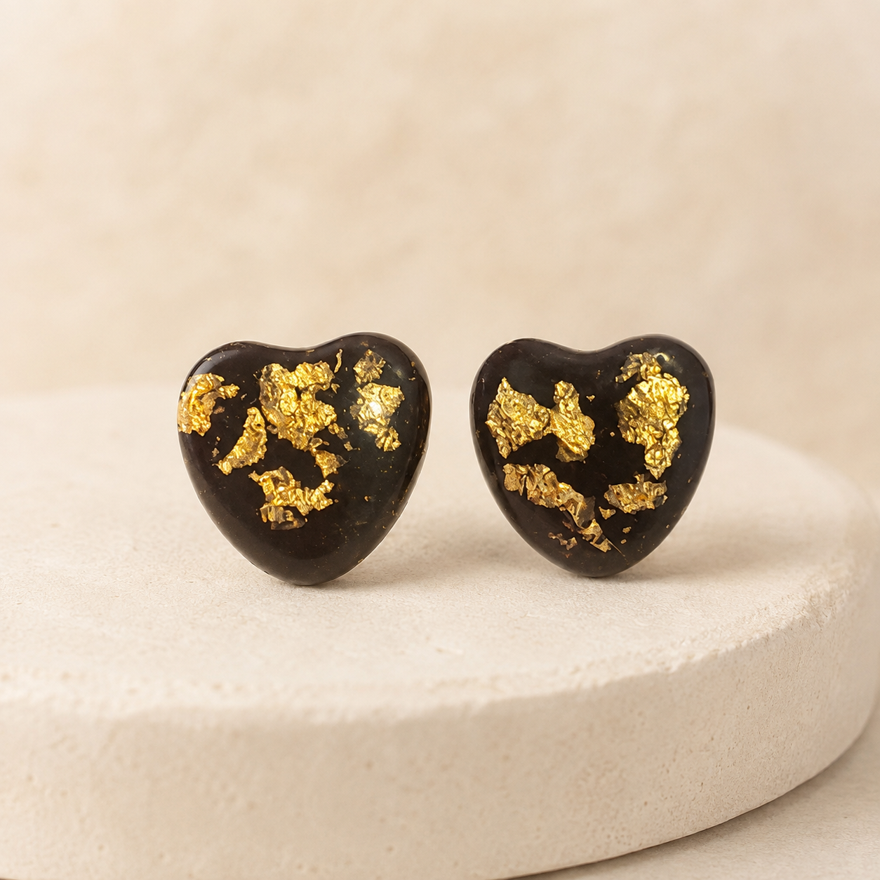 Midnight Gold Heart Resin Earrings