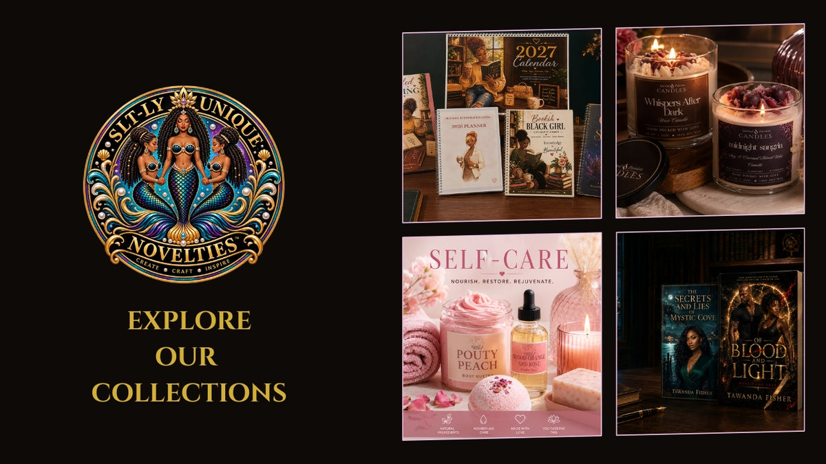Load video: Explore SLT-LY Unique Novelties collections featuring planners, wall art, candles, skin care jewelry, accessories and original novels.