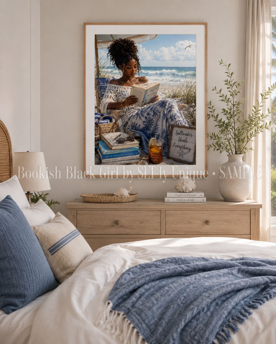 Beach Reading Bookish Black Girl printable wall art displayed in a coastal bedroom with watermark