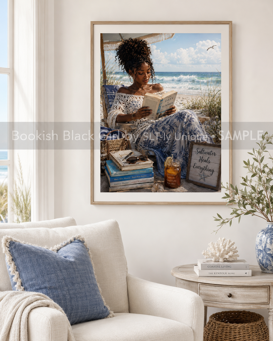 Beach Reading Bookish Black Girl printable wall art displayed in a coastal living room with watermark