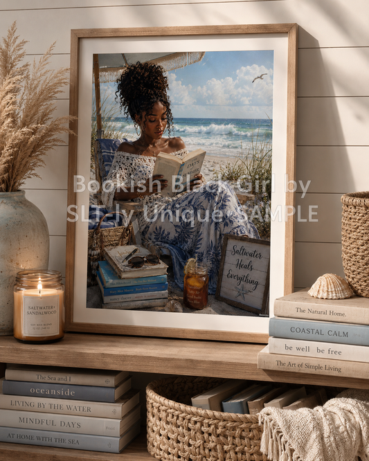 Beach Reading Bookish Black Girl printable wall art displayed on a coastal shelf with books and candle with watermark