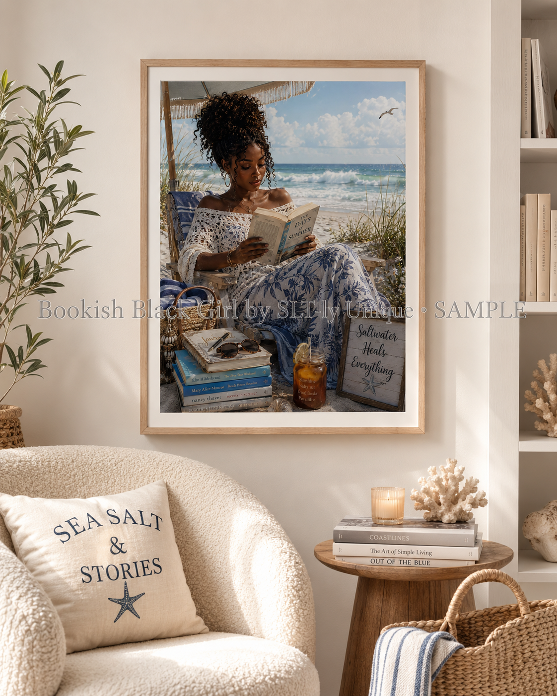 Beach Reading Bookish Black Girl printable wall art displayed in a bright coastal reading nook with watermark