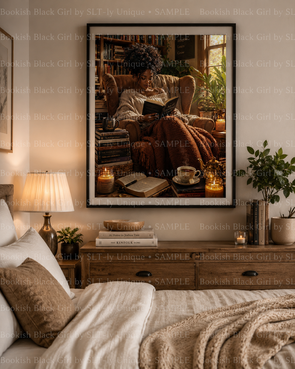 Between Fiction and Reading Bookish Black Girl printable wall art displayed in a warm neutral bedroom with watermark