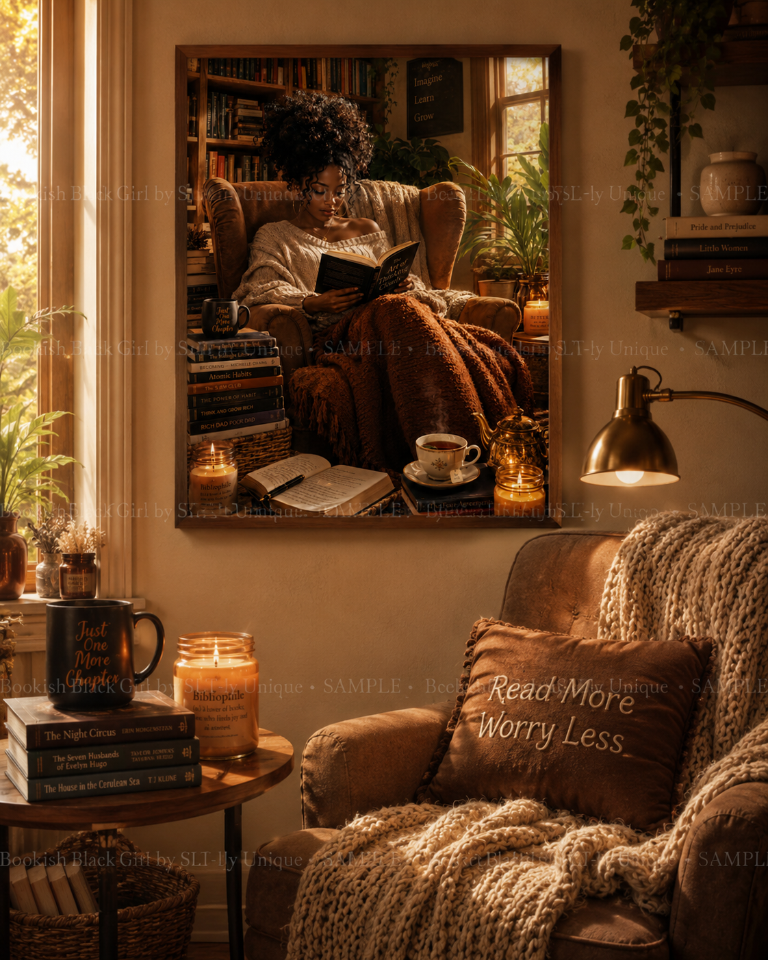 Between Fiction and Reading Bookish Black Girl printable wall art displayed above a cozy brown reading chair with watermark