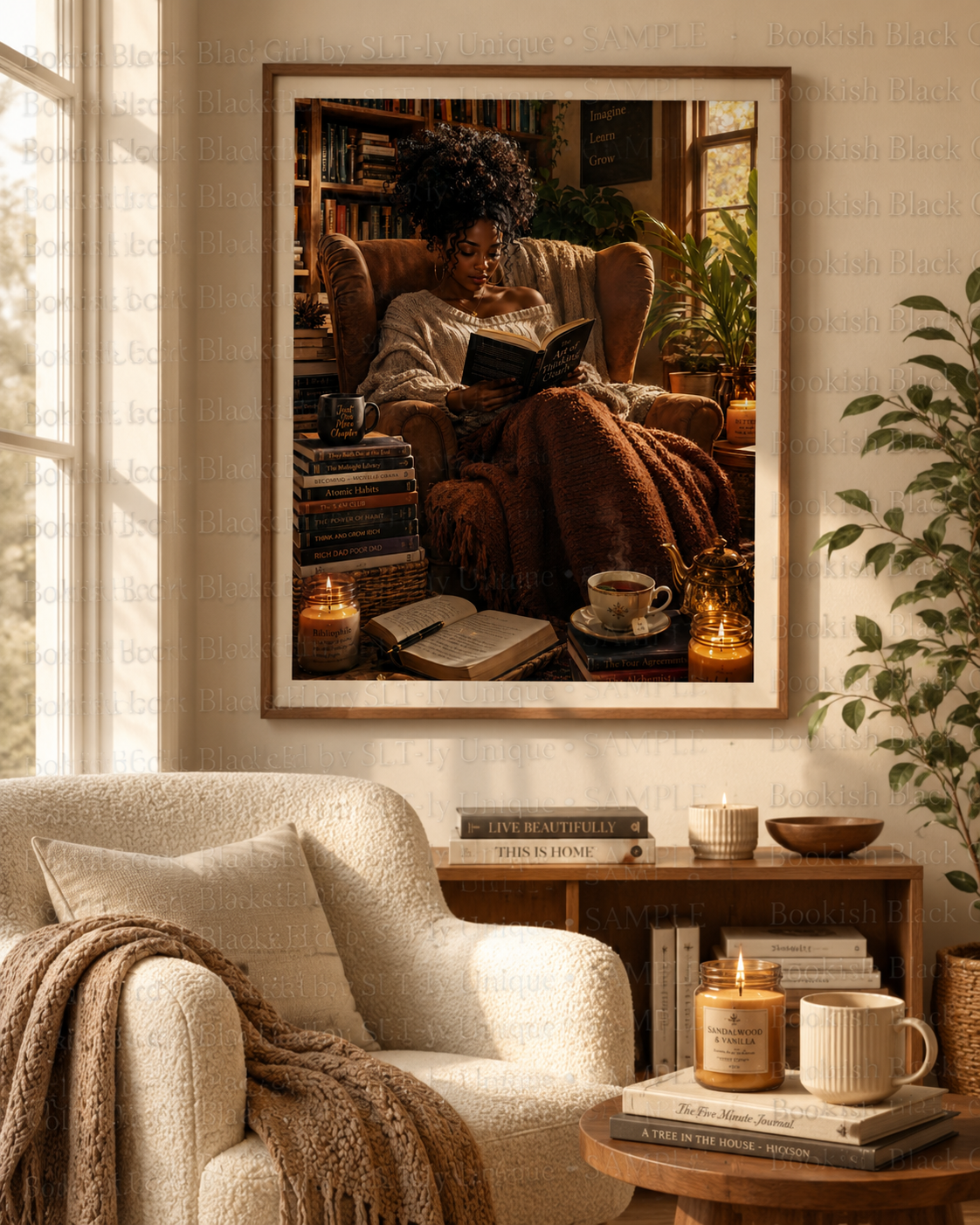 Between Fiction and Reading Bookish Black Girl printable wall art displayed in a bright neutral reading nook with watermark