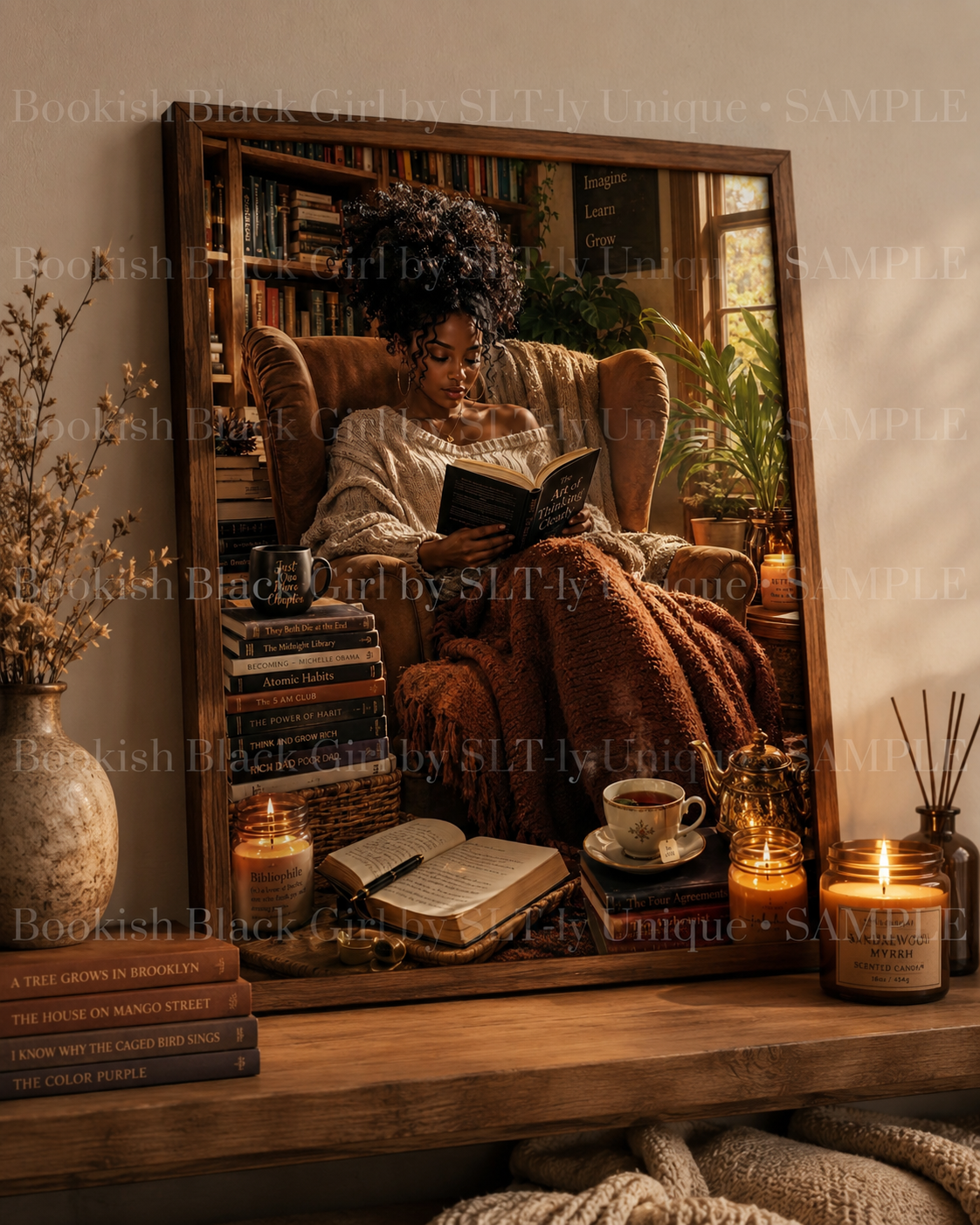 Between Fiction and Reading Bookish Black Girl printable wall art displayed on a warm wooden shelf with books, candles, and watermark