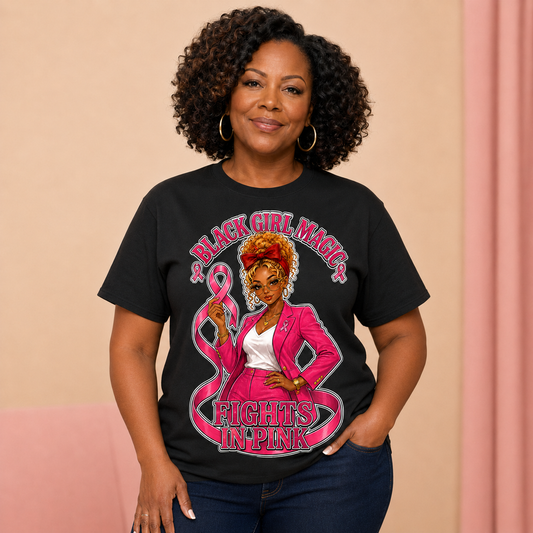 Black woman wearing a black Black Girl Magic Fights in Pink breast cancer awareness T-shirt featuring Sippy Lou