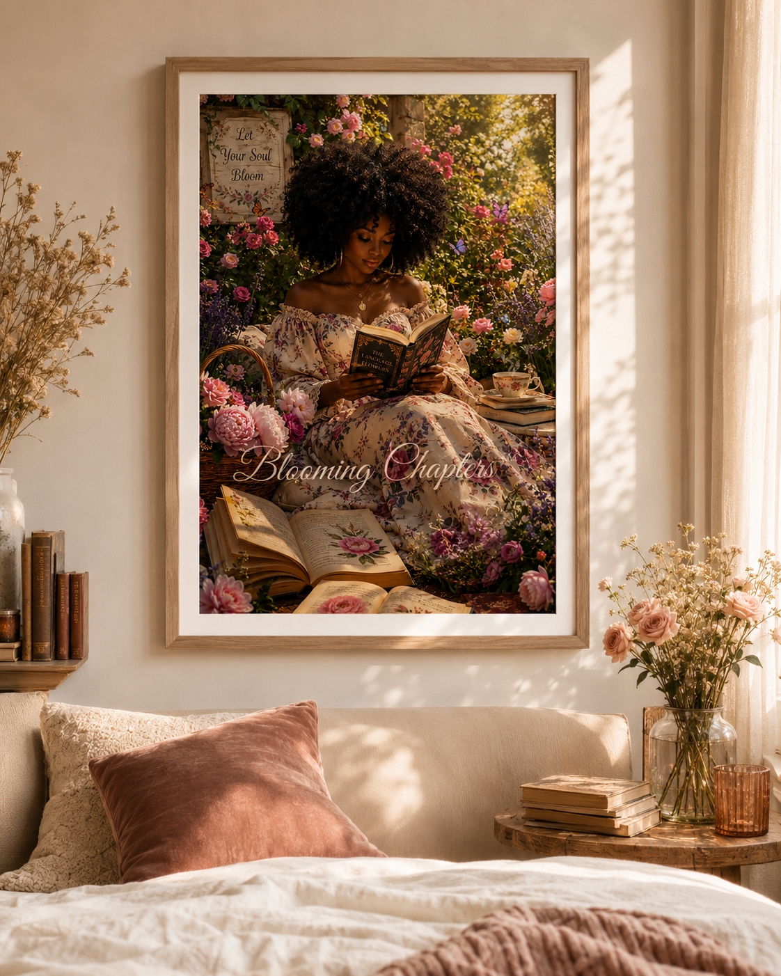 Blooming Chapters wall art displayed in a warm floral bedroom