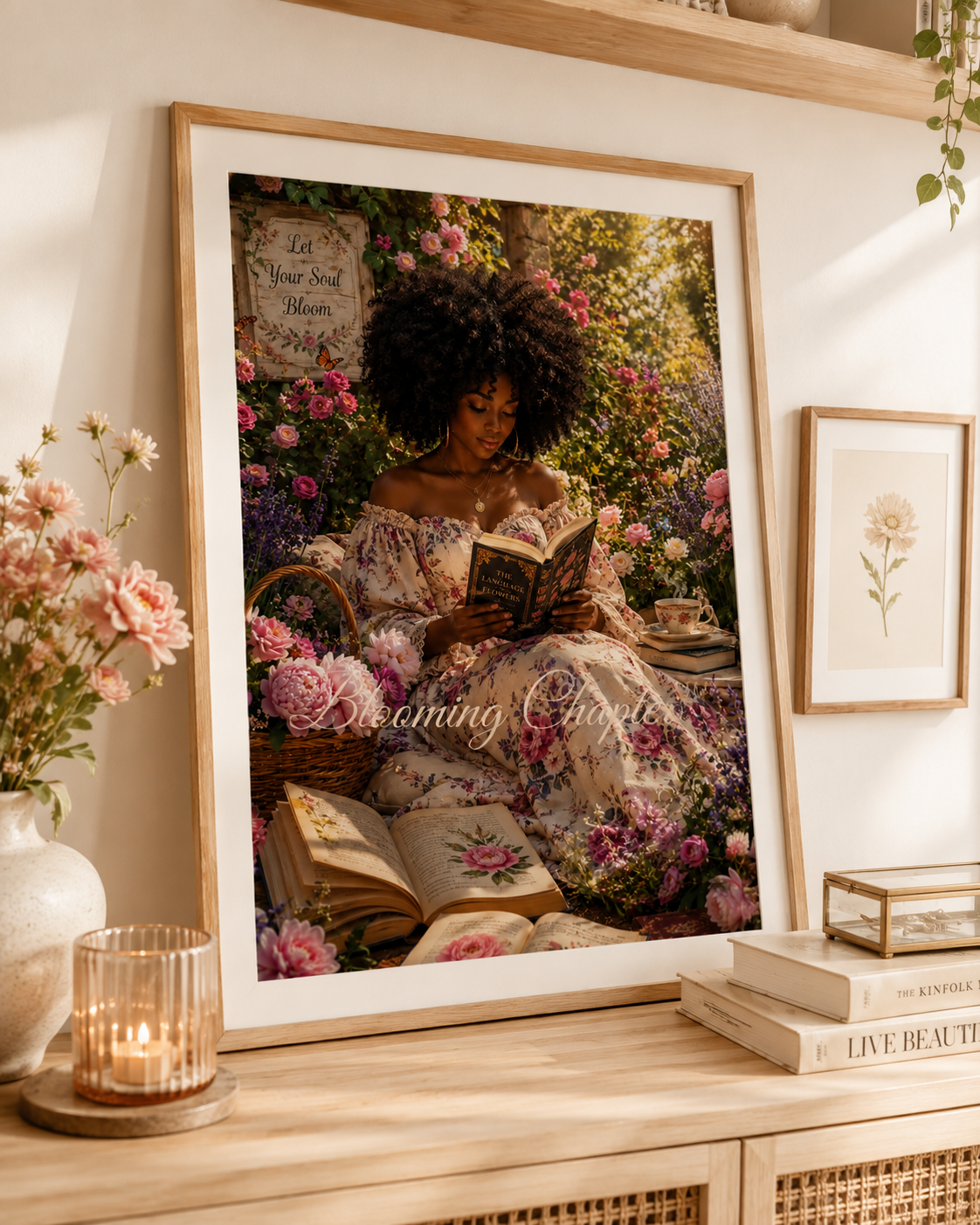 Blooming Chapters wall art styled on a warm neutral console