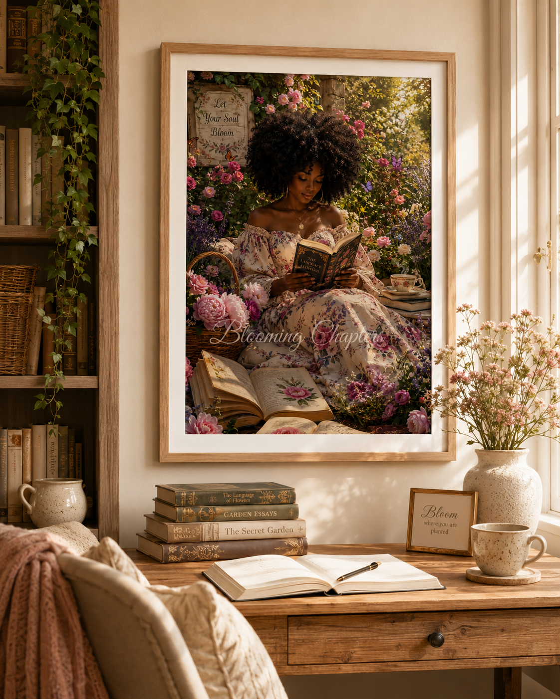 Blooming Chapters wall art above a cozy bookish writing desk