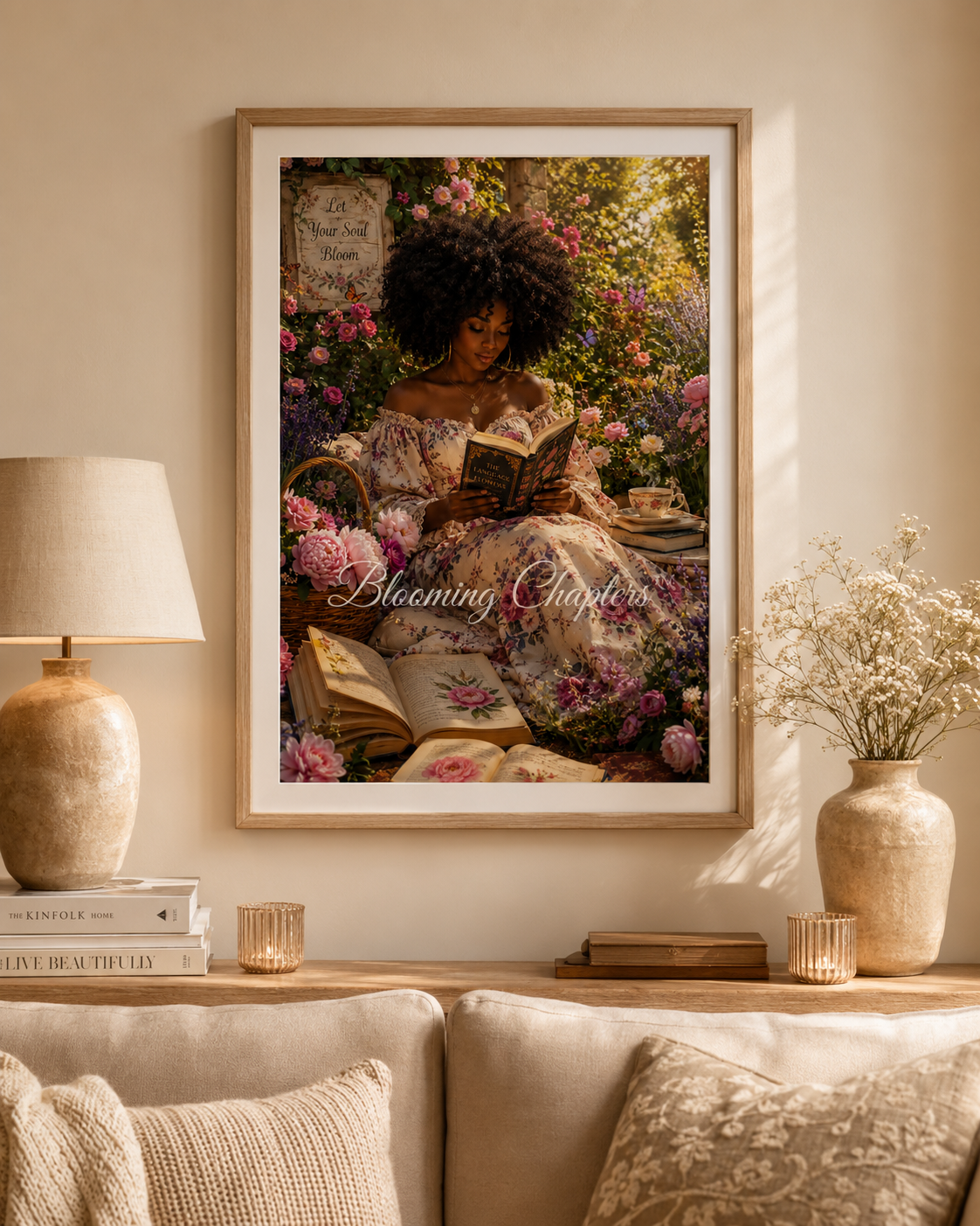 Blooming Chapters floral wall art in an elegant neutral living room