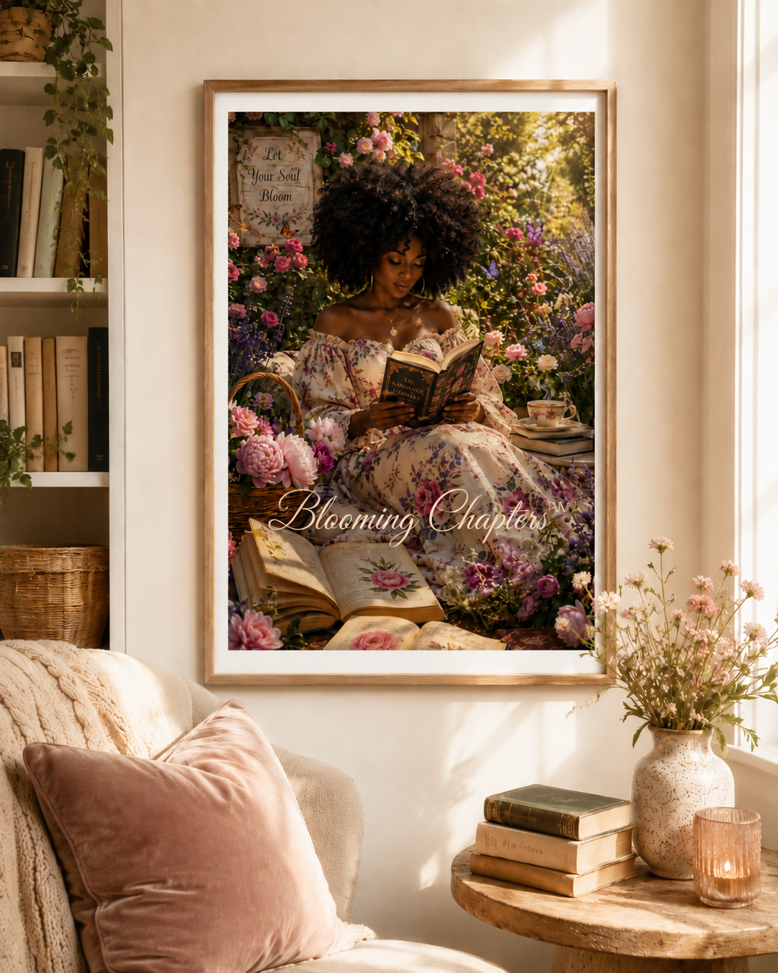 Blooming Chapters floral bookish wall art in a cozy reading nook