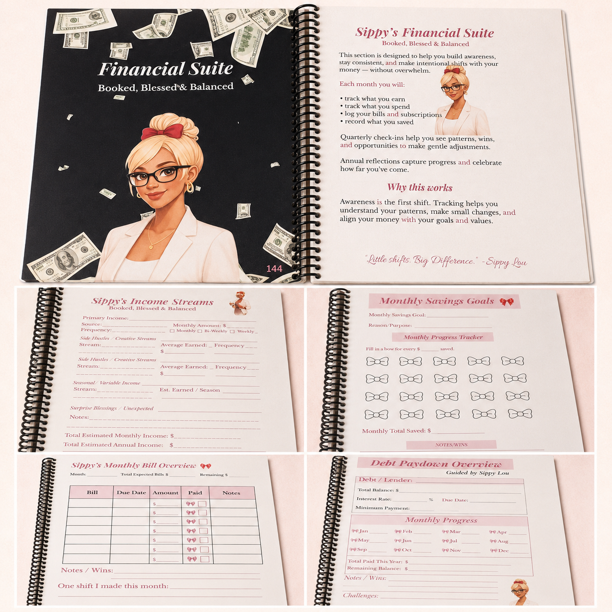 Booked, Blessed and Becoming 2026 Planner Financial Suite pages including income, savings, bills, and debt payoff trackers