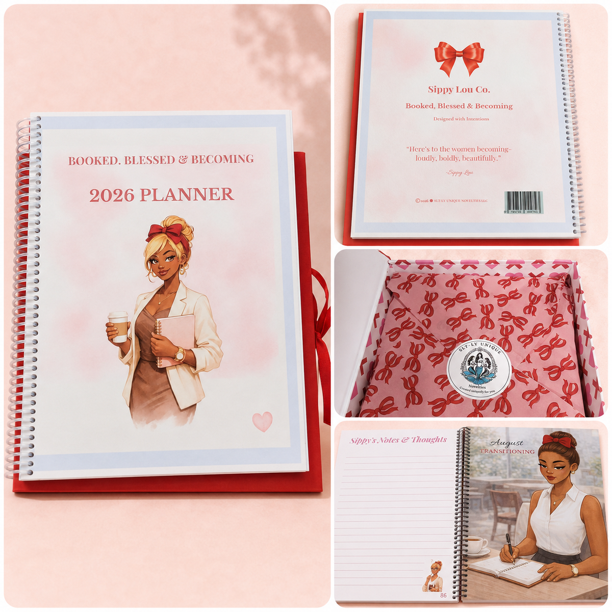 Booked, Blessed and Becoming 2026 Planner cover, back cover, gift packaging, and interior page collage
