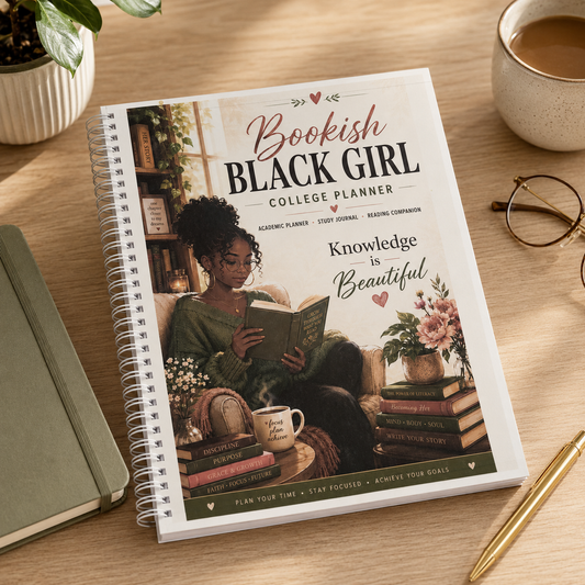 Bookish Black Girl College Planner displayed on a warm study desk
