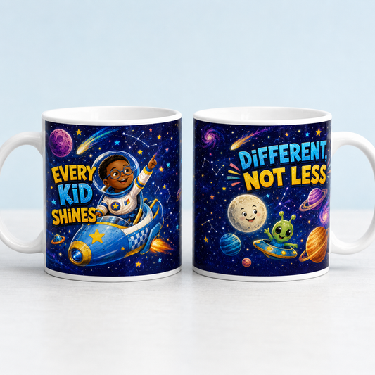 Every Kid Shines Down syndrome awareness mug shown from both sides