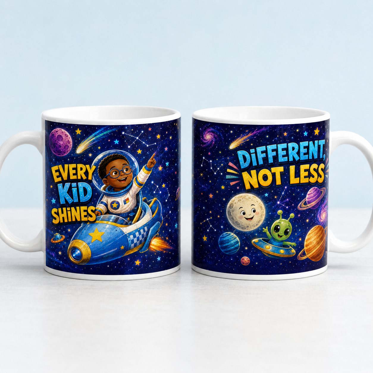 Every Kid Shines awareness mug shown from both sides