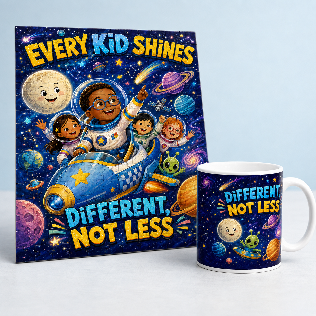 Every Kid Shines Down syndrome awareness mug and 100-piece puzzle gift set