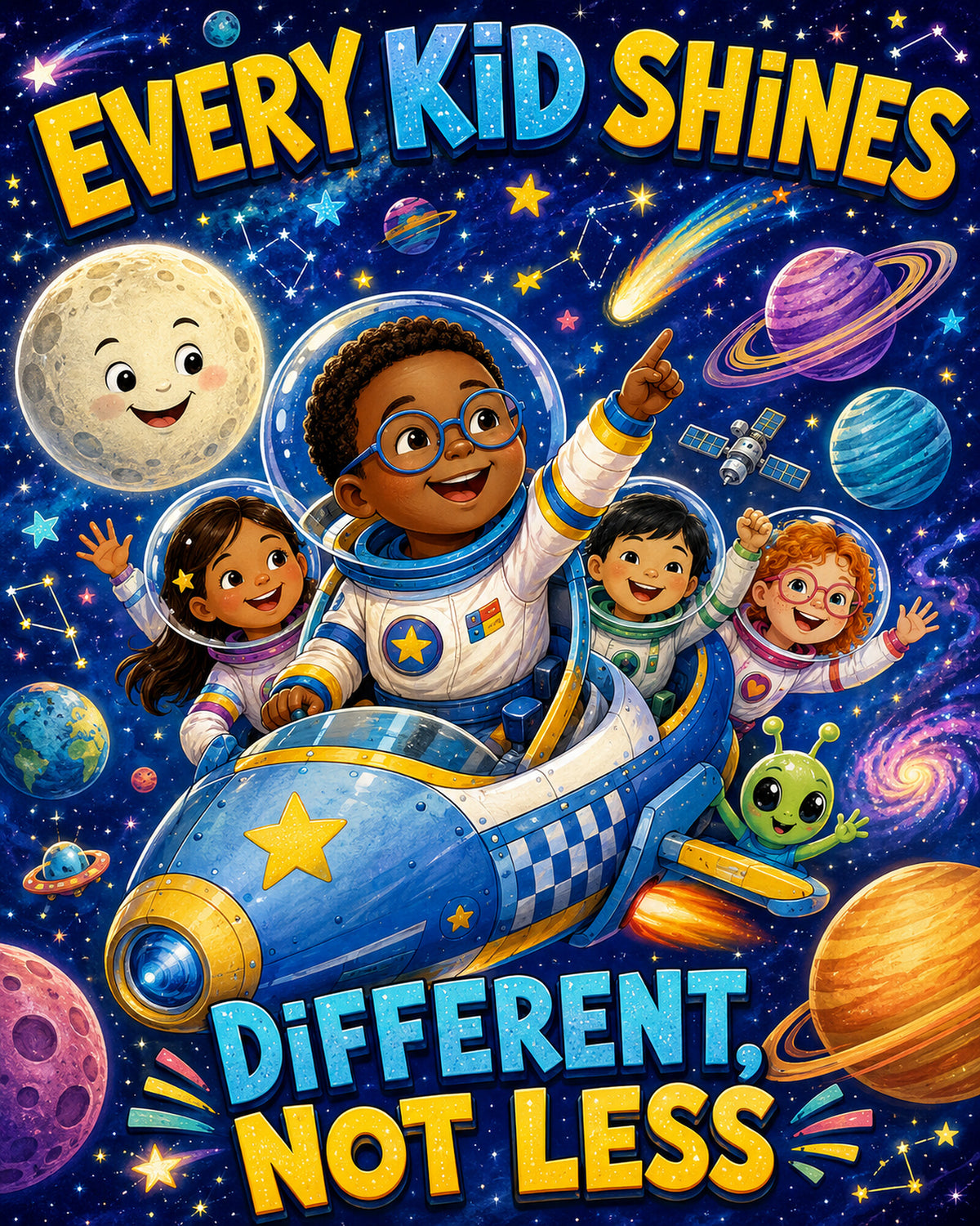 Every Kid Shines colorful space-themed puzzle artwork