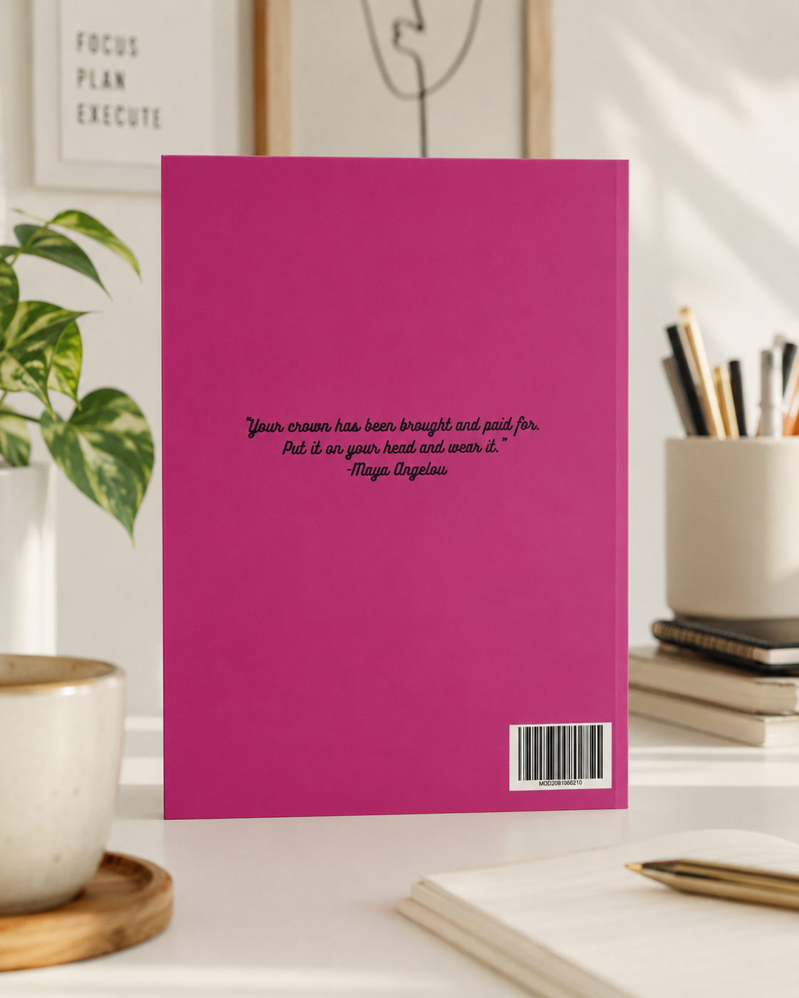 Future in Focus composition notebook back cover mockup with inspirational Maya Angelou quote