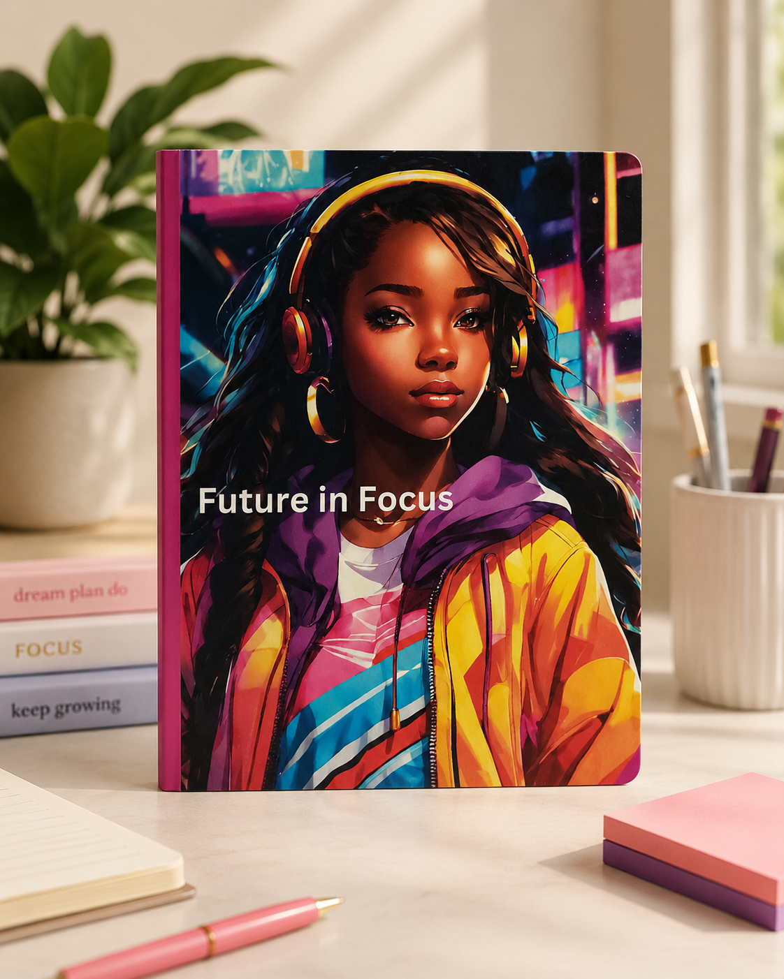 Future in Focus composition notebook front cover mockup