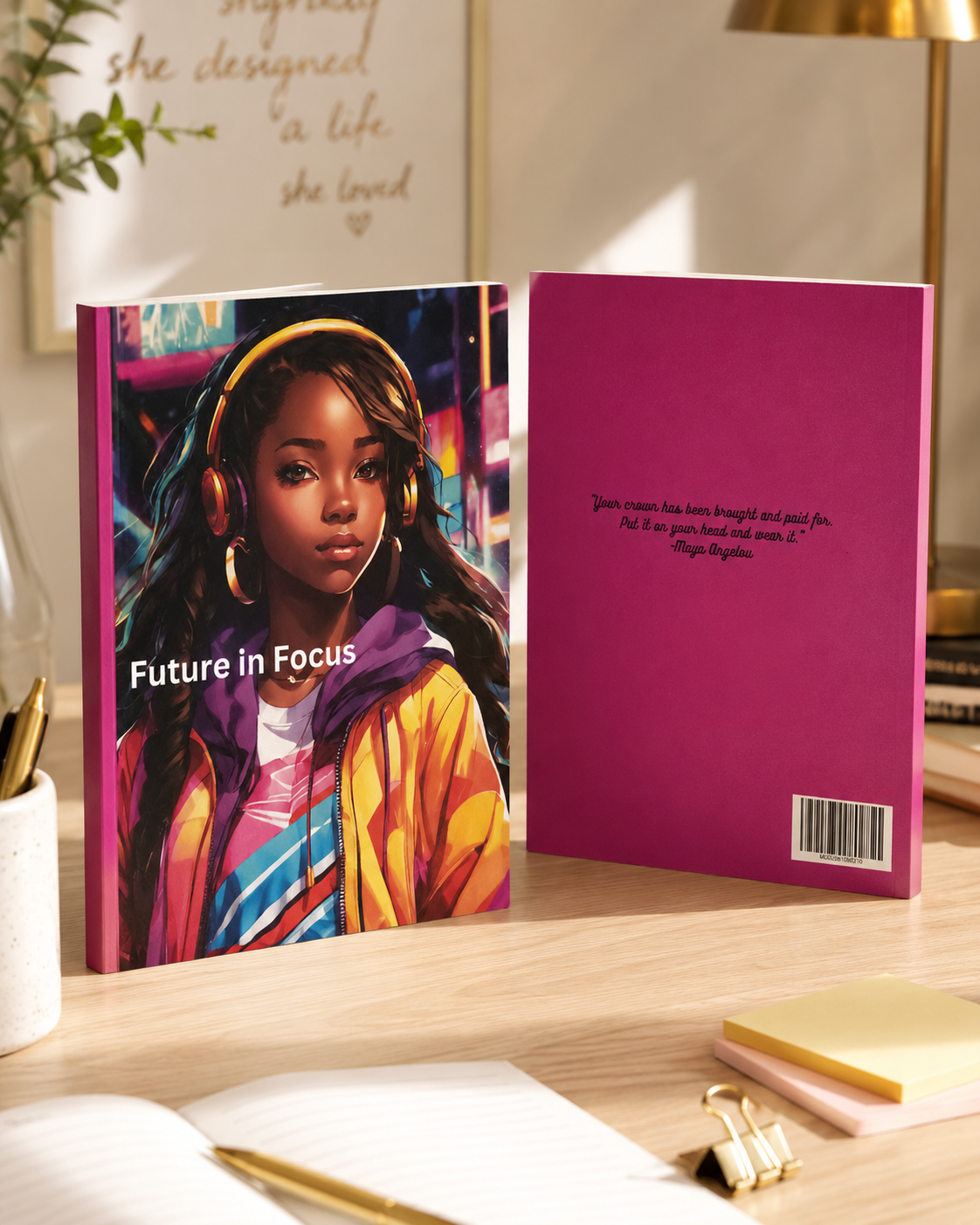 Future in Focus composition notebook pink spine and cover mockup