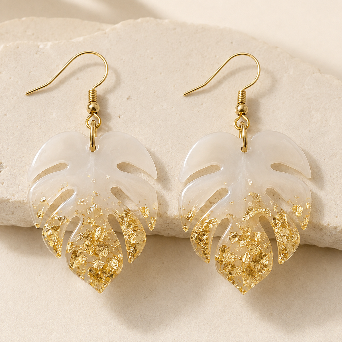 Golden Monstera white resin earrings with gold leaf and gold hooks