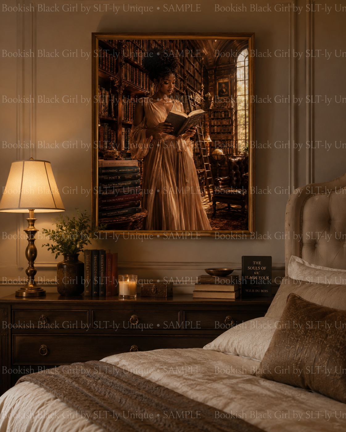 Historic Library Bookish Black Girl printable wall art displayed above a warm neutral bedroom dresser with watermark