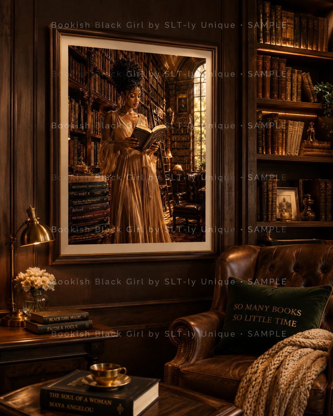 Historic Library Bookish Black Girl printable wall art displayed in a dark wood library reading room with watermark