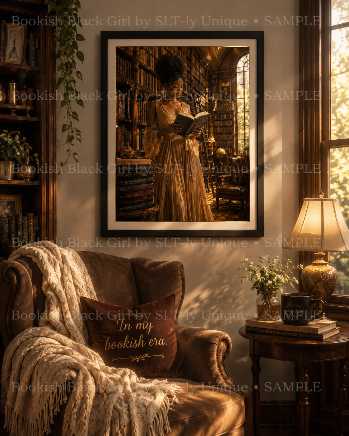 Historic Library Bookish Black Girl printable wall art displayed above a cozy brown reading chair with watermark