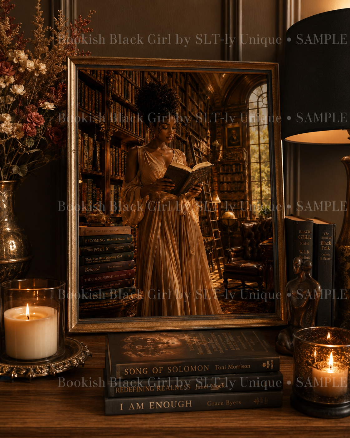Historic Library Bookish Black Girl printable wall art displayed on a styled shelf with books, flowers, candles, and watermark