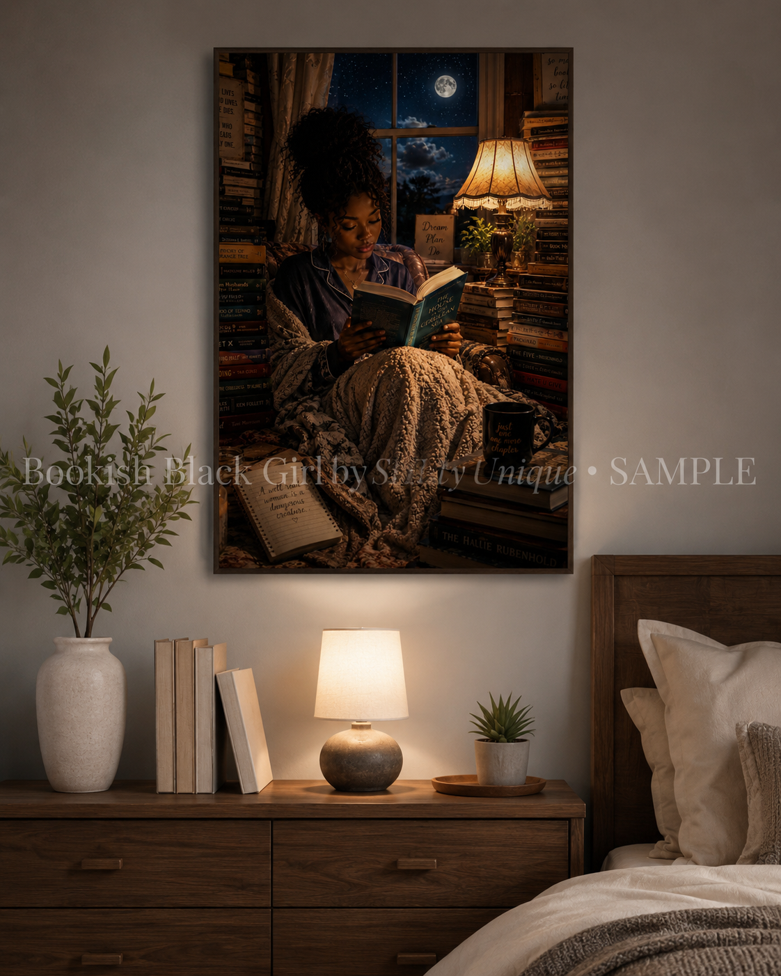 Lamplight Bookish Black Girl printable wall art displayed above a bedroom dresser with watermark