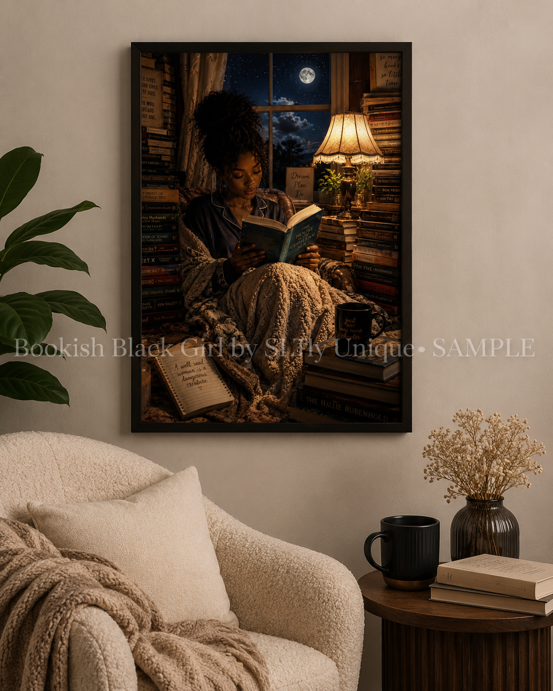 Lamplight Bookish Black Girl printable wall art in a neutral cozy room with watermark