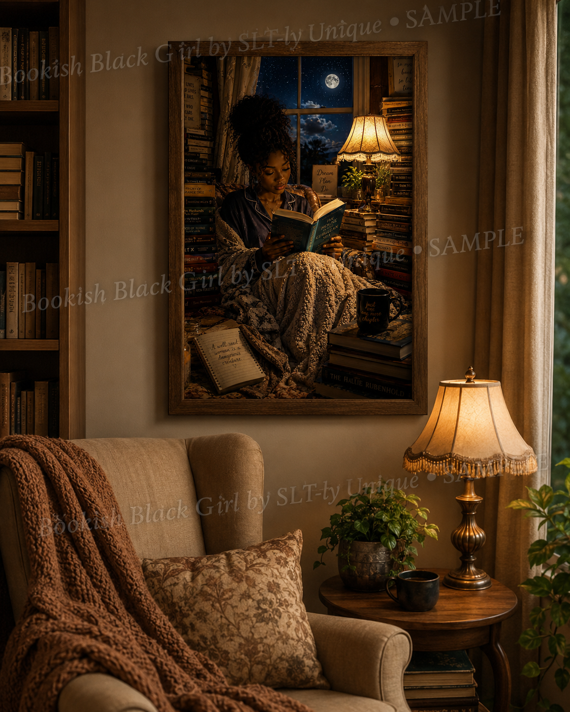 Lamplight Bookish Black Girl printable wall art displayed in a cozy reading nook with watermark
