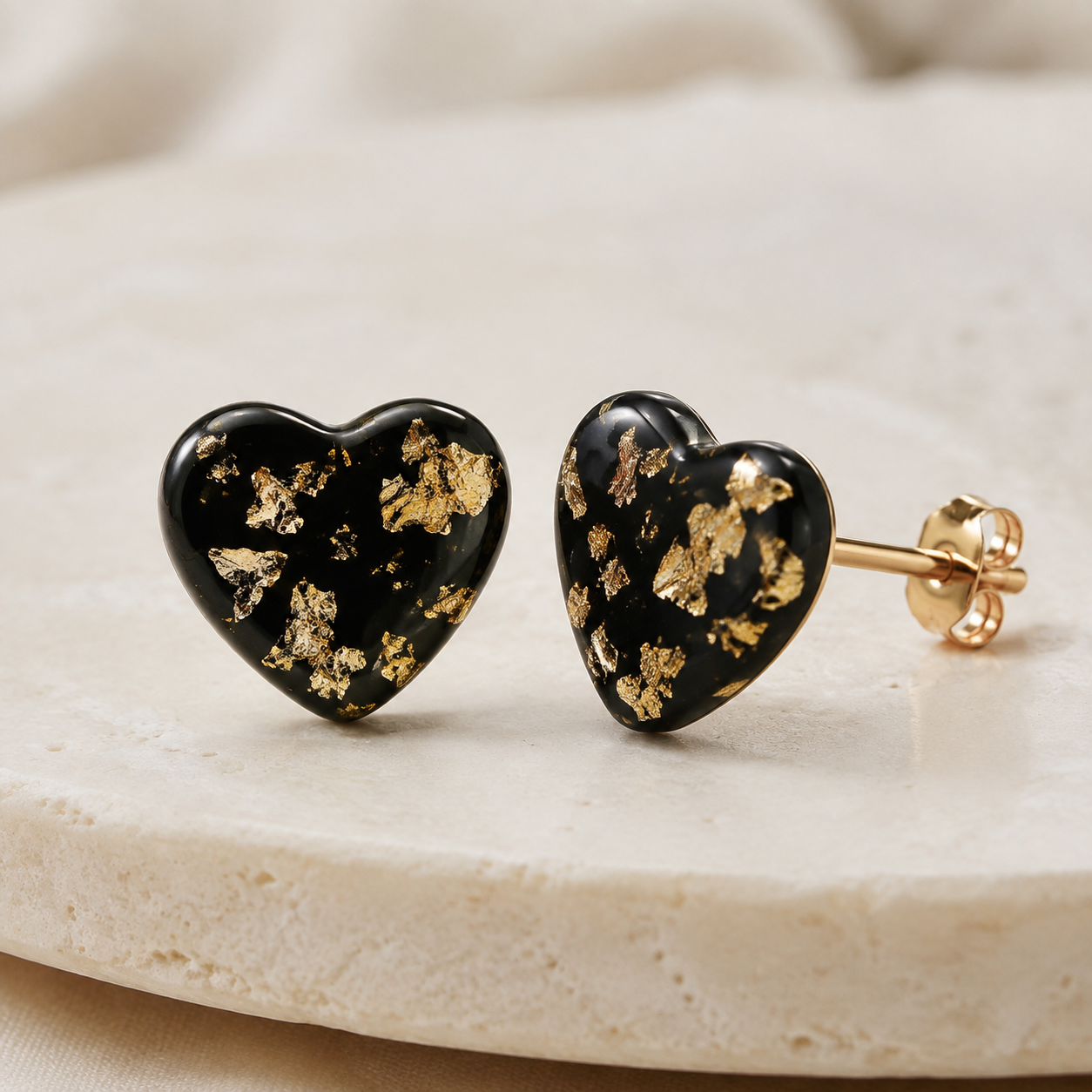 Midnight Gold black heart resin post earrings with gold foil