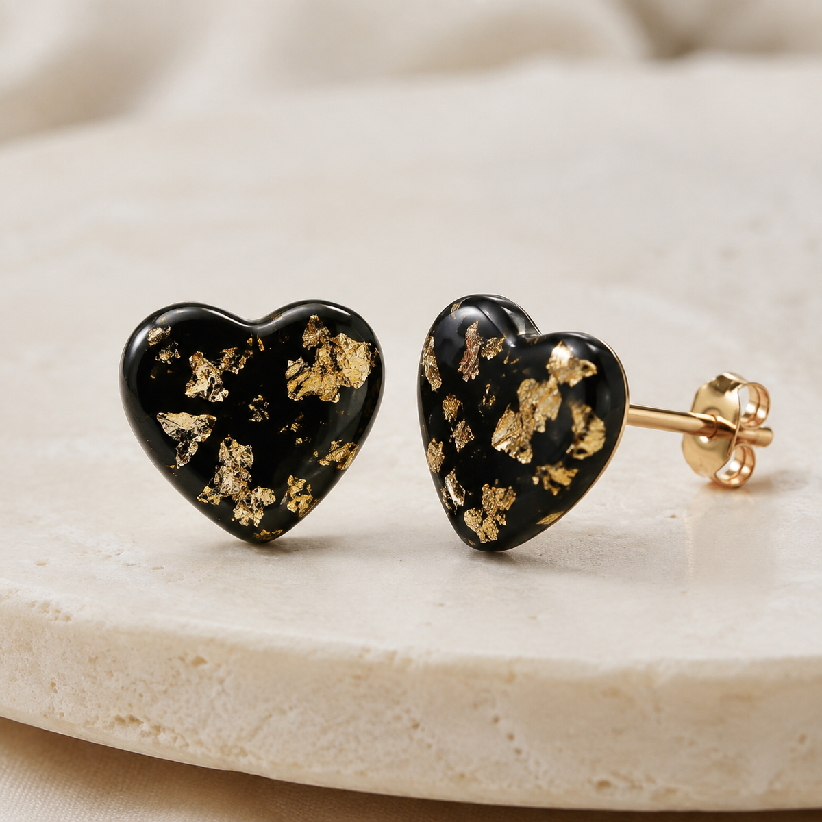 Midnight Gold black heart resin post earrings with gold foil