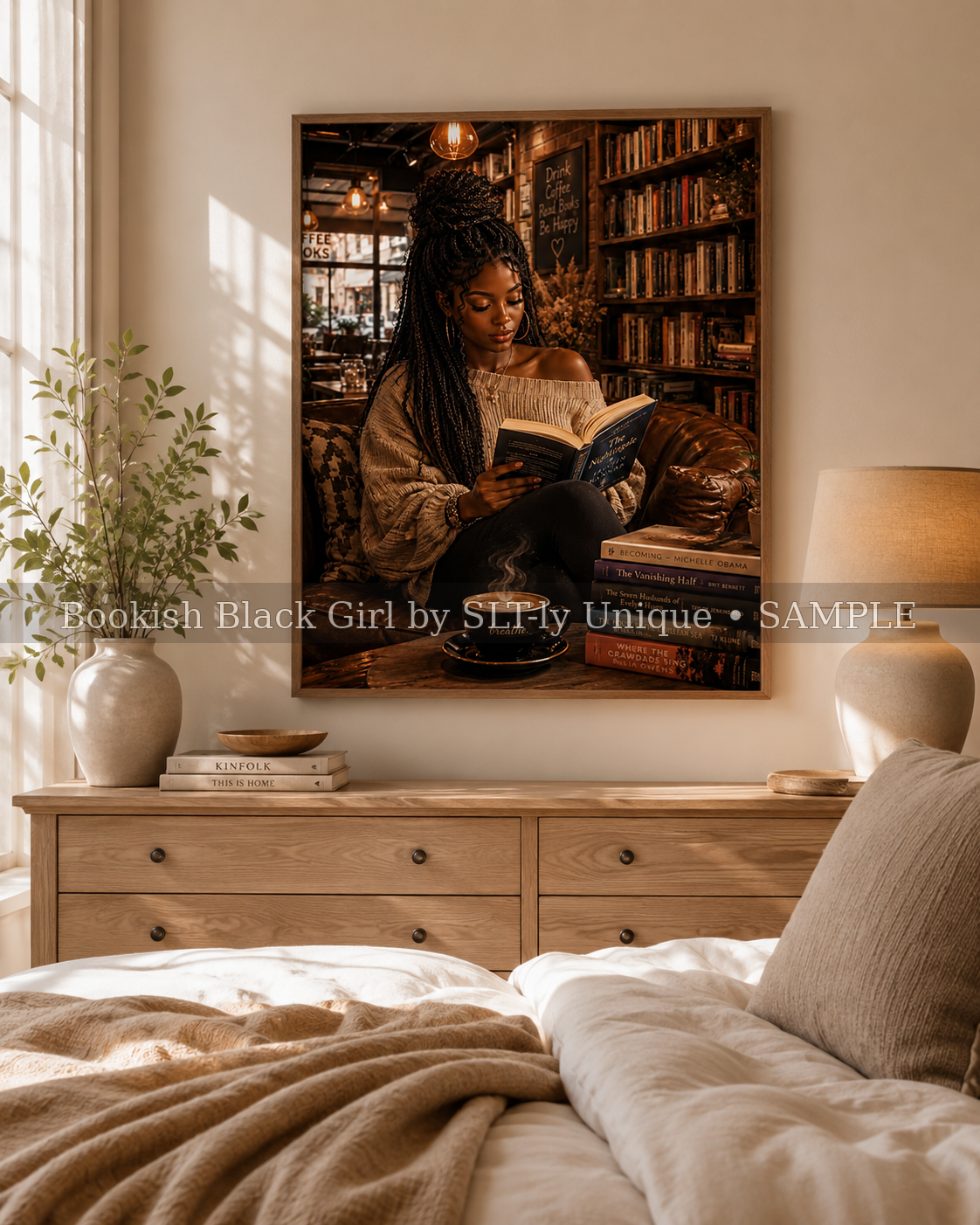 Morning Chapters Bookish Black Girl printable wall art displayed above a warm neutral bedroom dresser with watermark