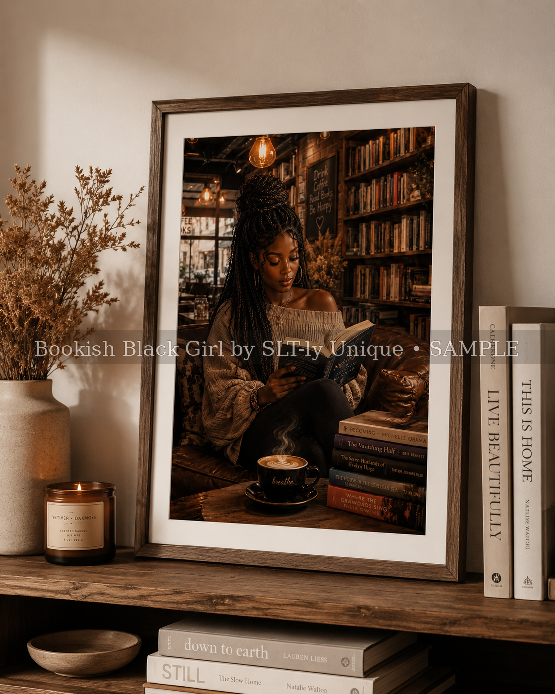 Morning Chapters Bookish Black Girl printable wall art displayed on a warm wooden bookshelf beside books and a candle with watermark