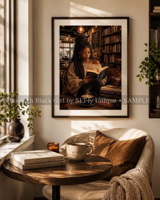 Morning Chapters Bookish Black Girl printable wall art displayed in a warm coffee reading nook with watermark