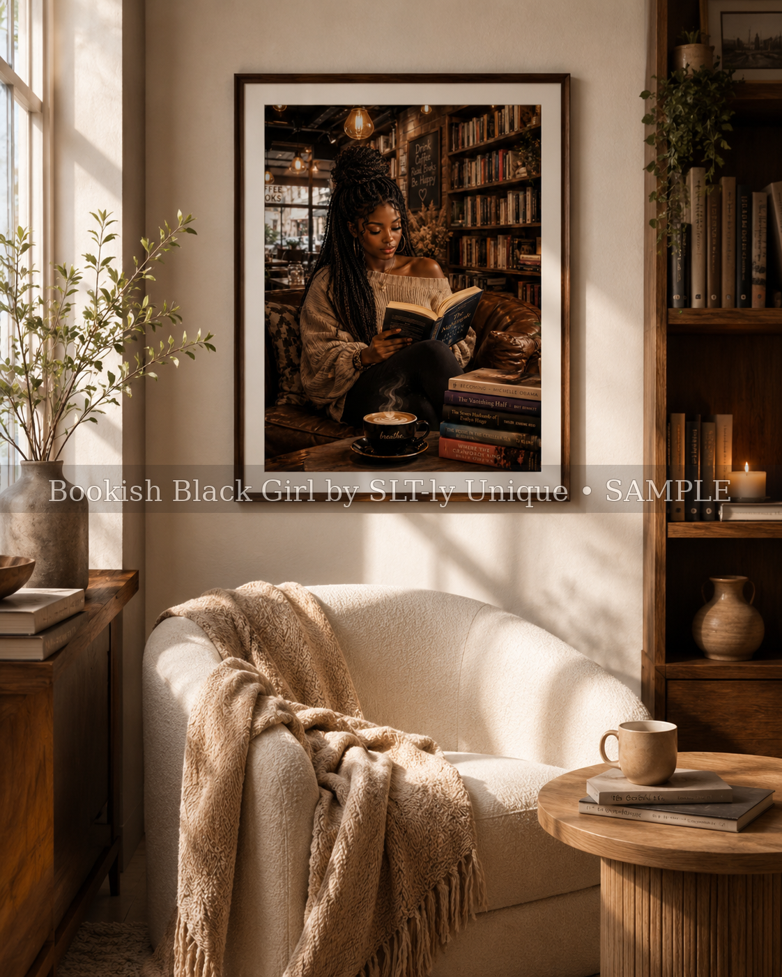 Morning Chapters Bookish Black Girl printable wall art displayed above a cozy reading chair with watermark